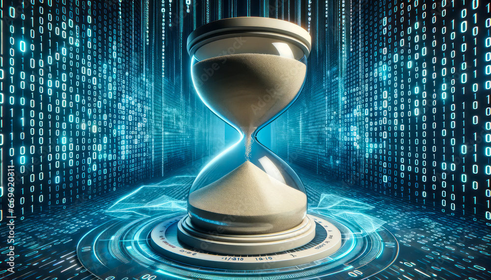 3D graphic of a giant hourglass where sand grains are replaced by ...