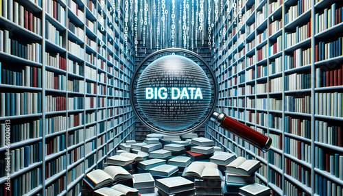3D render of a colossal digital library where each book is coded with binary digits. A magnifying glass hovers, zooming in on the term Big Data, illustrating the depth of information available.