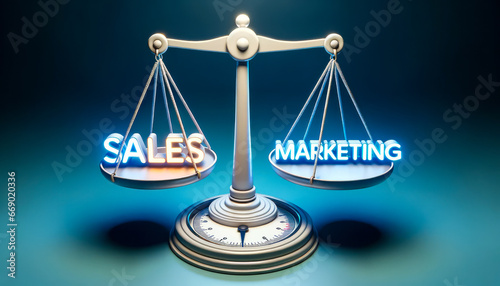 Digital Scale Equilibrium: Sales and Marketing Balancing with Glowing Smarketing photo