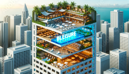 Bleisure Skyscraper: 3D design of a high-rise building where the lower floors depict a bustling corporate environment while the top floors transition into a tropical rooftop pool and lounge.