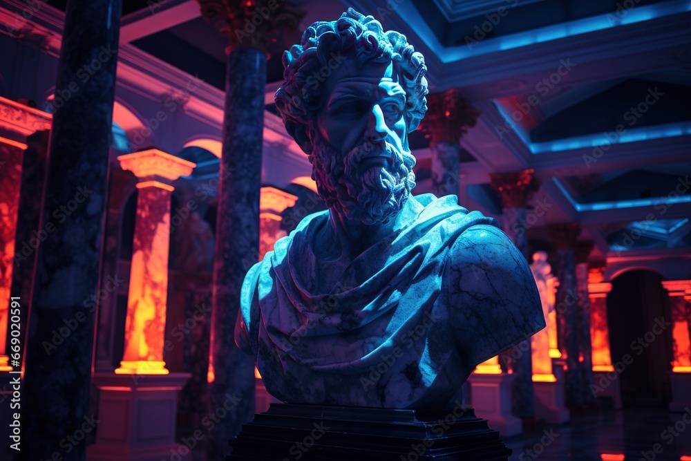 Fototapeta premium Sculpture stoïcienne façon personnage dans un environnement couleur néon. Du grec ancien, du romain et du cyberpunk. Stoïcisme. IA générative, IA