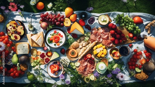 An overhead shot of a vibrant picnic spread on a lush green lawn, complete with colorful blankets and summer fruits. © Ahmad
