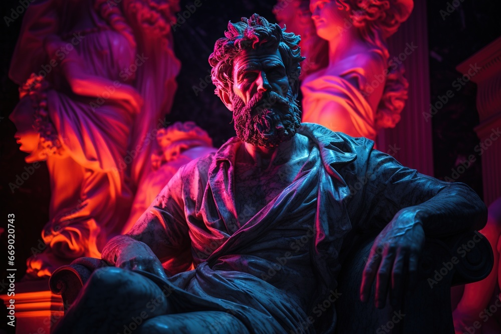 Sculpture stoïcienne façon personnage dans un environnement couleur néon. Du grec ancien, du romain et du cyberpunk. Stoïcisme. IA générative, IA