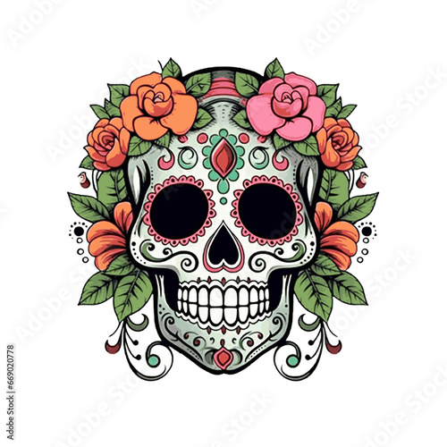 Scull mandala with flowers and leaves for halloween art drawn paint on white background