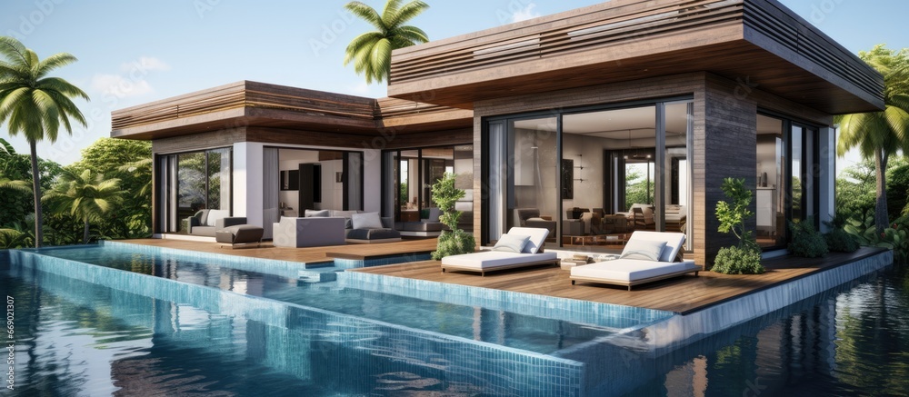 AI creating contemporary home with pool deck daybed and open living kitchen dining area
