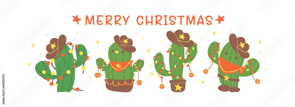 Cute Christmas Cactus Cartoon with Cowboy Hat banner, Kawaii Retro Western plant Hand Drawing and Festive Flat Design