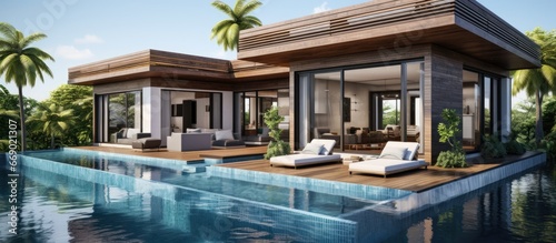 AI creating contemporary home with pool deck daybed and open living kitchen dining area © AkuAku