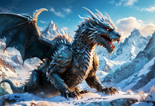 Ice dragon on mountain background. Generative AI