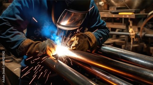 Technician Welding for steel structure at manufacture workshop.