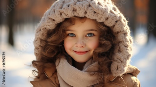 Portrait of a beautiful happy child girl in beige coat walking in a park, Winter outdoor.