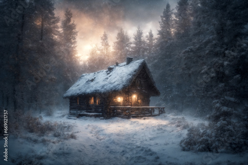 an old hut against the background of hard nature in winter, blizzard, dramatic sky and snowy forest, beautiful landscape