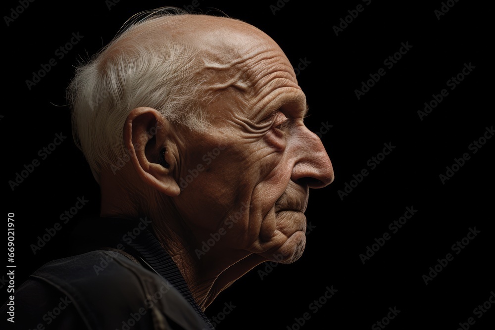 Side profile of a contemplative elderly man.