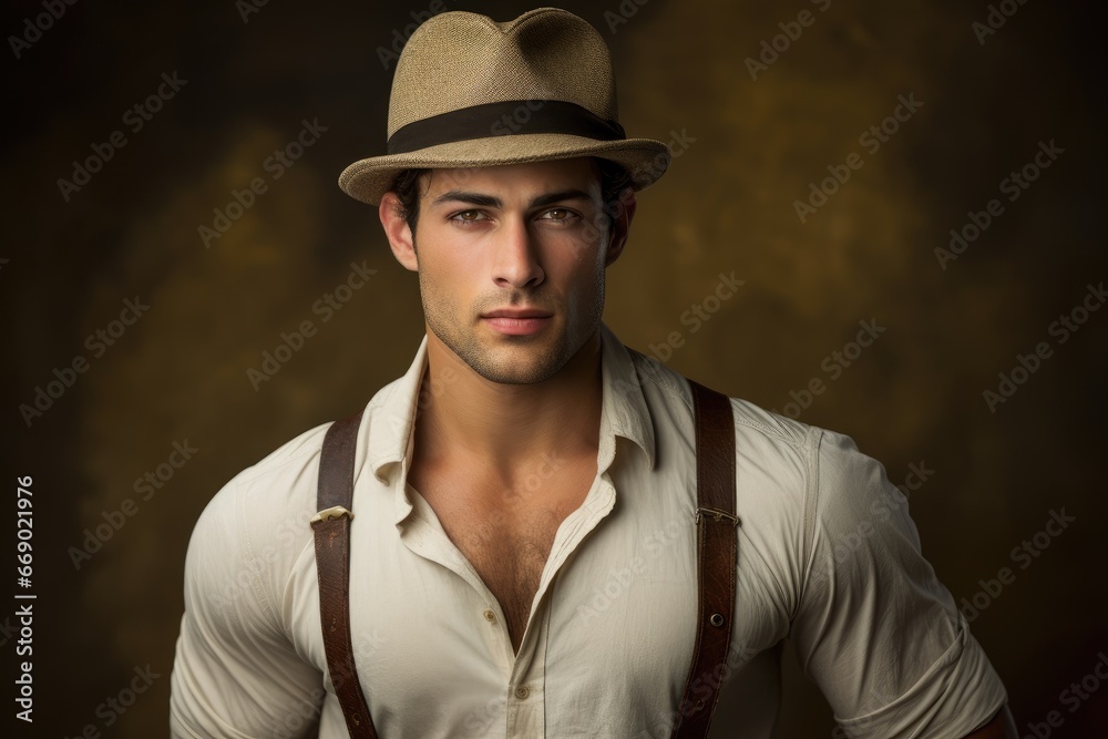 Retro styled portrait of man in suspenders and fedora. Retro styled portrait of man in suspenders and fedora.