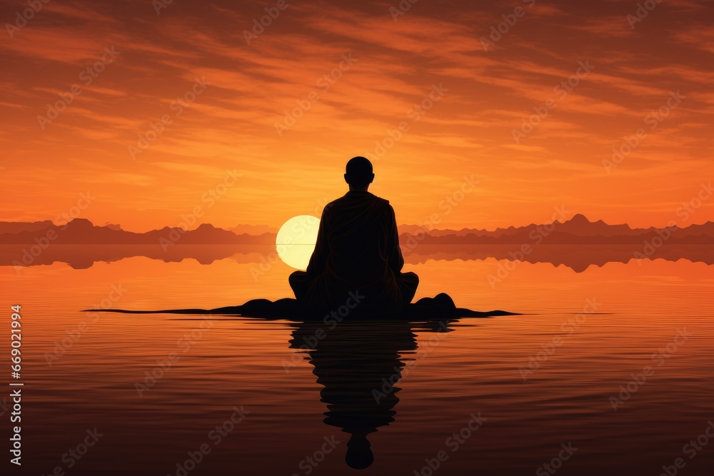 Reflective silhouette of a monk meditating at dawn. - obrazy, fototapety, plakaty 
