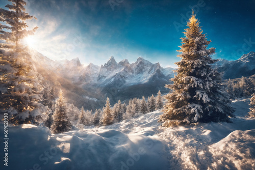 Christmas tree in a winter forest, snow covered mountains, beautiful nature at sunset