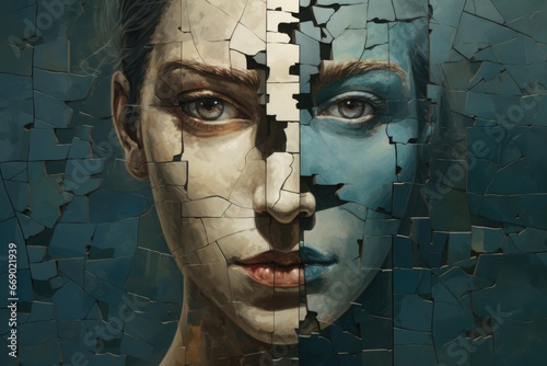 Puzzled human face split into pieces, illustrating fractured mental state