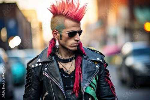 Punk rocker with vibrant mohawk and leather jacket. photo