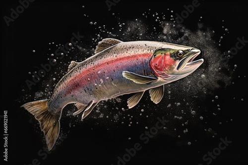 Rainbow trout fish jumping out of river water made.illustration. Ai generative.