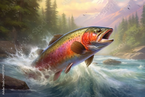 Rainbow trout fish jumping out of river water made.illustration. Ai generative. photo