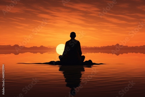 Reflective silhouette of a monk meditating at dawn. © furyon