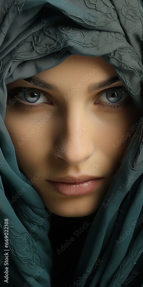 Junge muslimische hübsche Frau mit blau grünen Augen trägt Hijab in türkis umhüllt Nahaufnahme im Hochformat, ai generativ - obrazy, fototapety, plakaty 