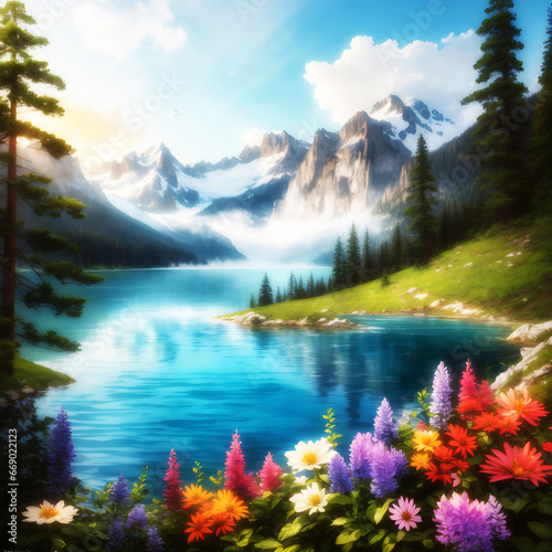 Beautiful natural scenery mountain lake and island and forest backgrounds ai generated