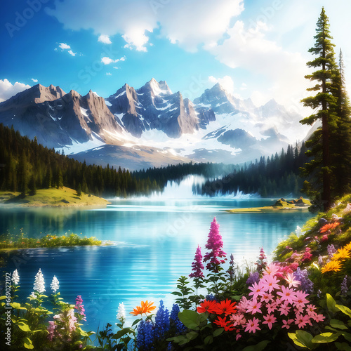 Beautiful natural scenery mountain lake and island and forest backgrounds ai generated © mustafegur3