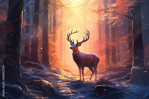 Beautiful deer with majestic horns in a forest in winter at sunset, illustration generated by AI