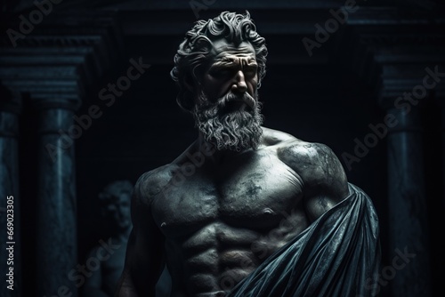 Personne de sculpture stoïque avec pierre, peau. Grec ancien, romain, abstrait. Stoïcisme. IA générative, IA © Merilno
