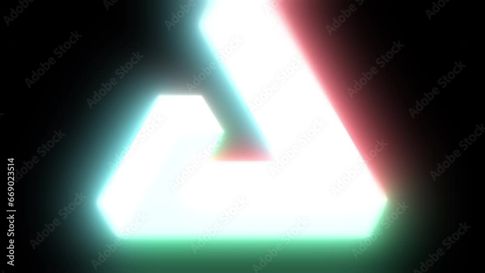 Seamless slow looping RGB analog red, green blue triangle glowing prisim animation, split colours retro 80s feel, background loop texture