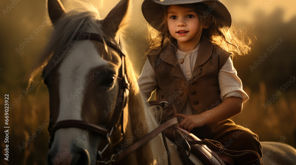 Obraz premium Small child in vintage jockey outfit is riding horse field background. School of riding and equestrian sports.