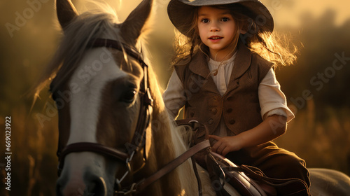 Small child in vintage jockey outfit is riding horse field background. School of riding and equestrian sports. © Nataliya