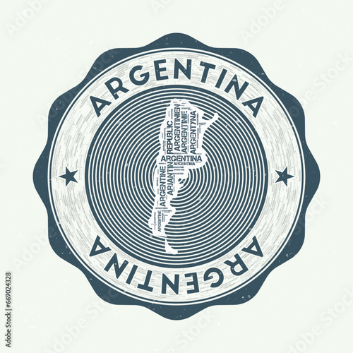 Argentina seal. Country round logo with shape of Argentina and country name in multiple languages word cloud. Beautiful emblem. Trendy vector illustration.