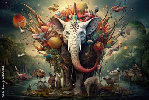 Magic art collage with elements of fantastic creatures 