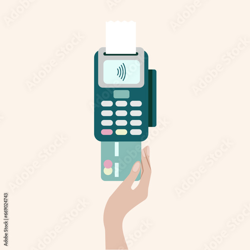 Flat design of POS terminale usage concept. Hand pushing credit or debit card into the pos machine slot. Payment by card concept. Vector illustration. Isolated photo