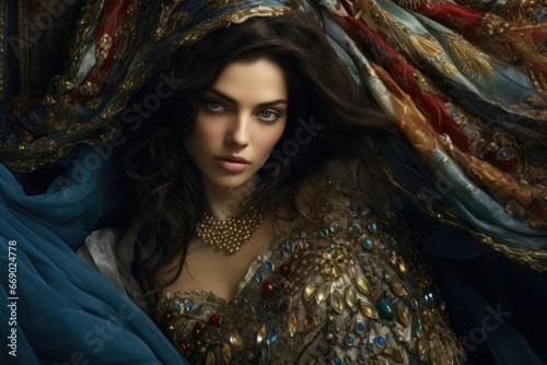 Woman draped in luxurious fabrics with jewel embellishments.