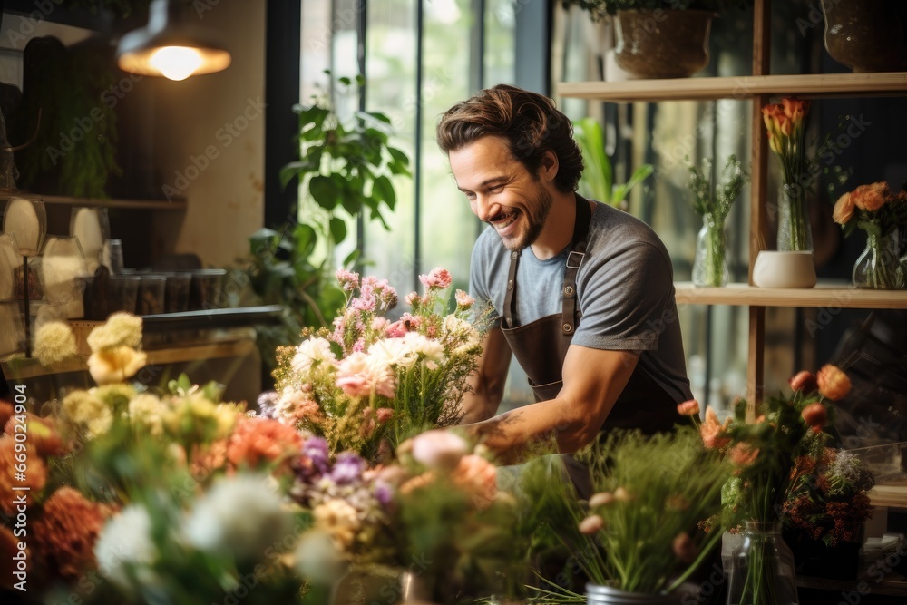 Young male florist joyfully arranging a bouquet in his shop.