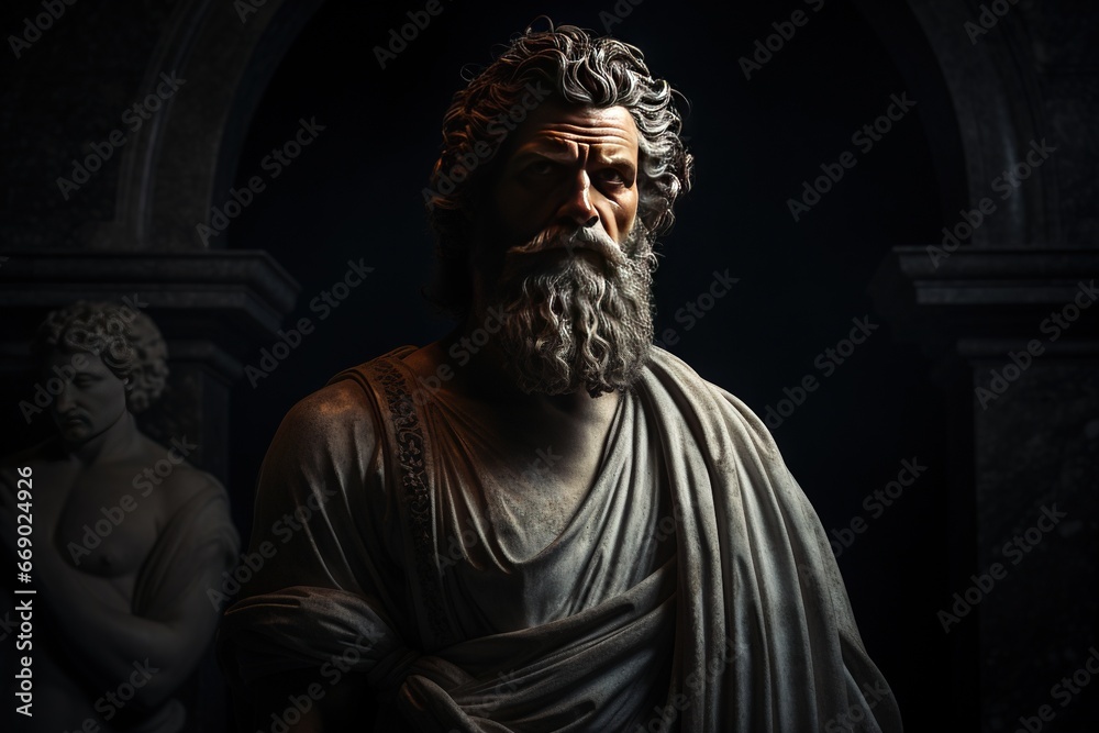 Personne de sculpture stoïque avec pierre, peau. Grec ancien, romain, abstrait. Stoïcisme. IA générative, IA