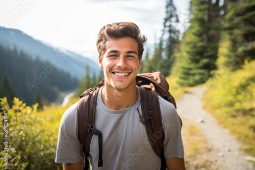 Young man on a hiking trail, smiling at the camera with mountain backdrop