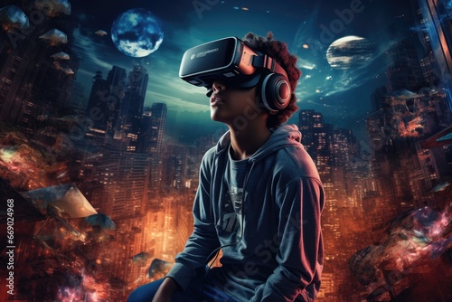 Young person lost in a virtual reality world.