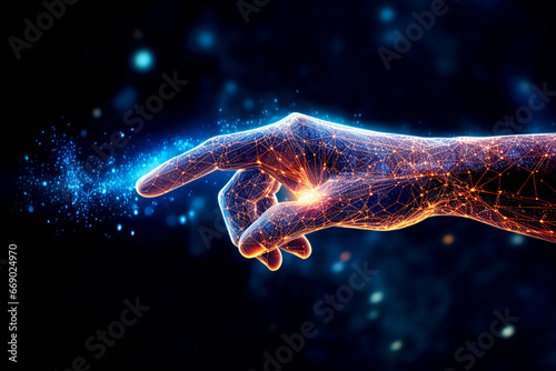 Big data concept. Digital neural network. Cyber hand inputs data into artificial intelligence. Cyberspace of the future. Science and technology innovation.