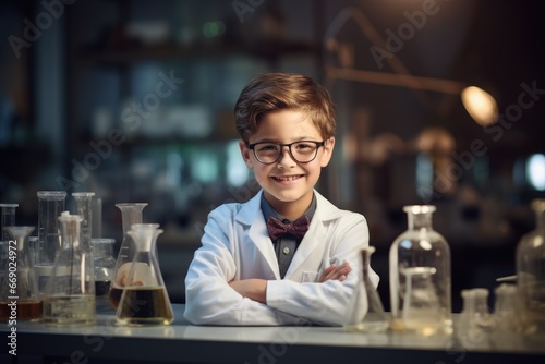 Young scientist, smiling proudly after a successful experiment in a lab.