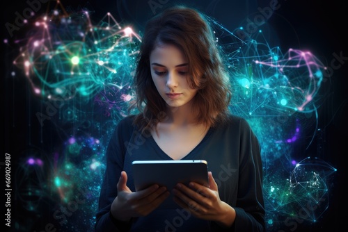 Young technology enthusiast woman working on a digital tablet, innovation at her fingertips.