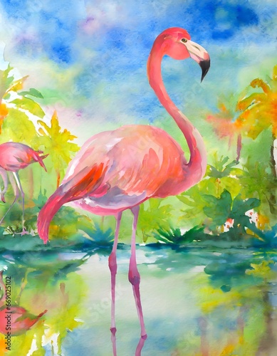 Flamingo Watercolor painting colorful fantasy hand drawn illustration design art © kowshik