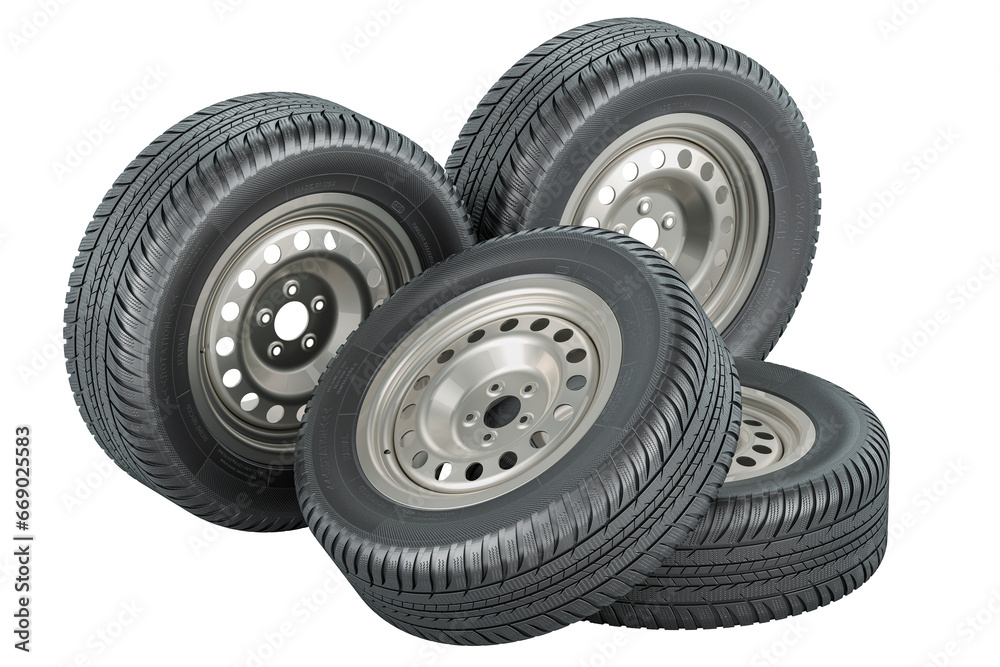 Car steel wheels with tyres. 3D rendering isolated on transparent background Car steel wheels with tyres. 3D rendering isolated on transparent background