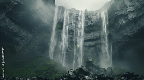 The cascade of a majestic waterfall, droplets turning into mist as they plummet to depths below.