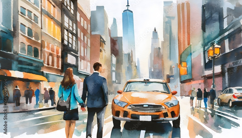 Obraz premium oil painting on canvas, street view of New York, man and woman, yellow taxi, modern Artwork, watercolor illustration New York