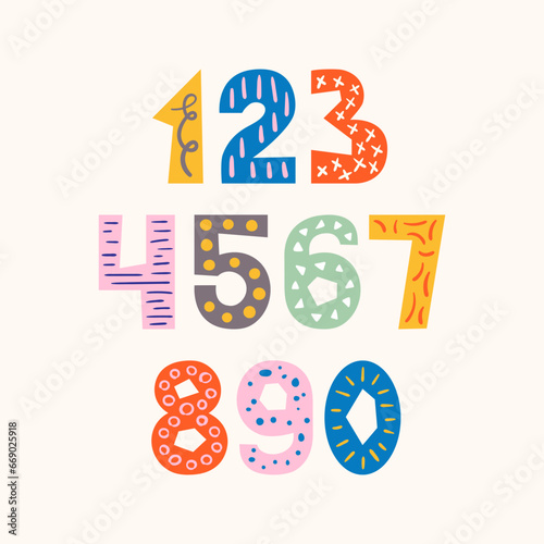 Colorful numbers with decorative doodle elements Cutout childish number collection Playful style design