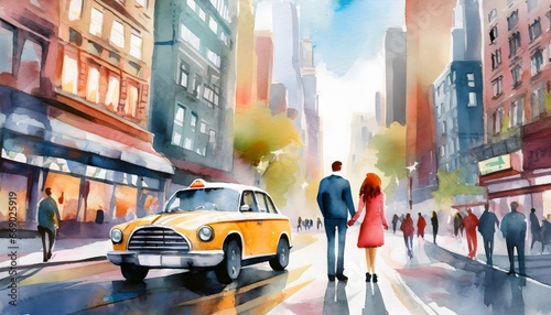 oil painting on canvas, street view of New York, man and woman, yellow taxi, modern Artwork, watercolor illustration New York
