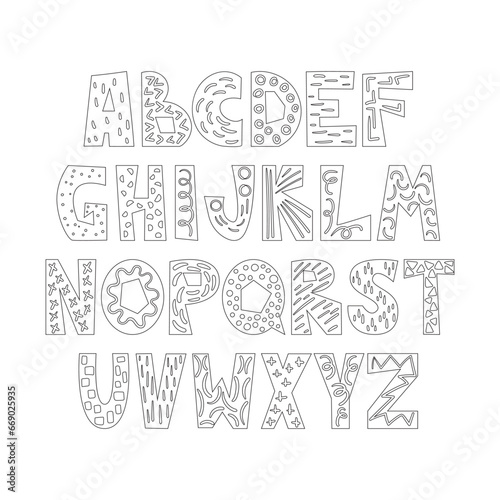 Coloring page, outline drawing for coloring book. Alphabet with decorative doodle elements Cutout childish letters collection Playful style font design
